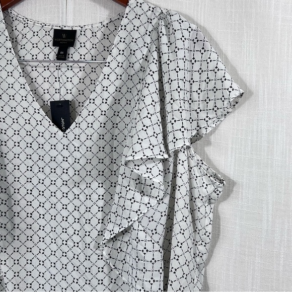 Worthington NWT Black White Patterned Flutter Sleeve Ruffle Blouse Top Sz 0X - Picture 3 of 10